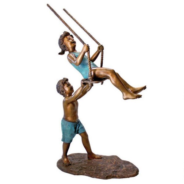 Swinging Children Solid Life Size Girl and Boy Bronze Garden Statue